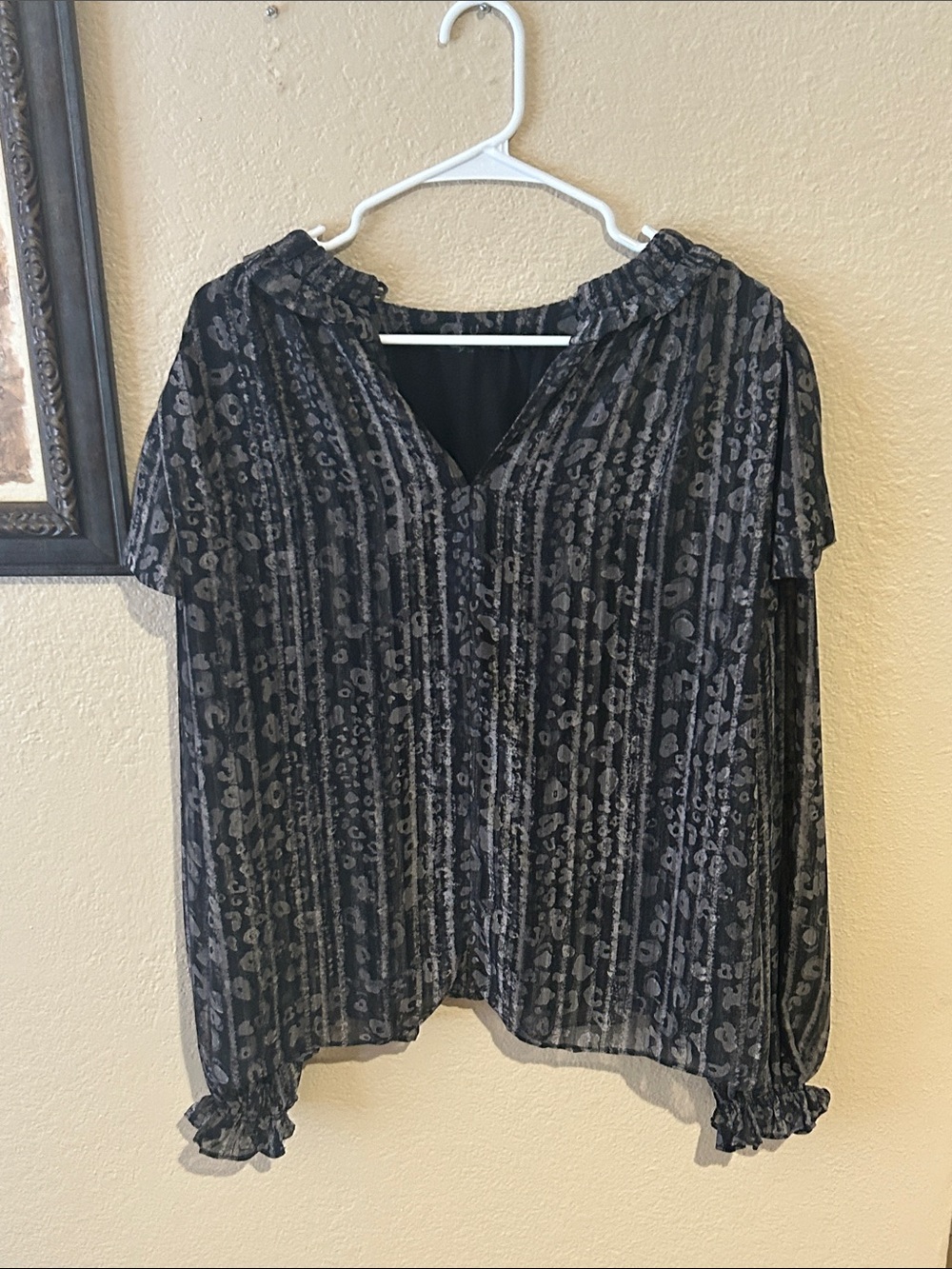 Current Air Sheer Sleeve Leopard Print Boho Blouse Romantic Peasant Top Size L